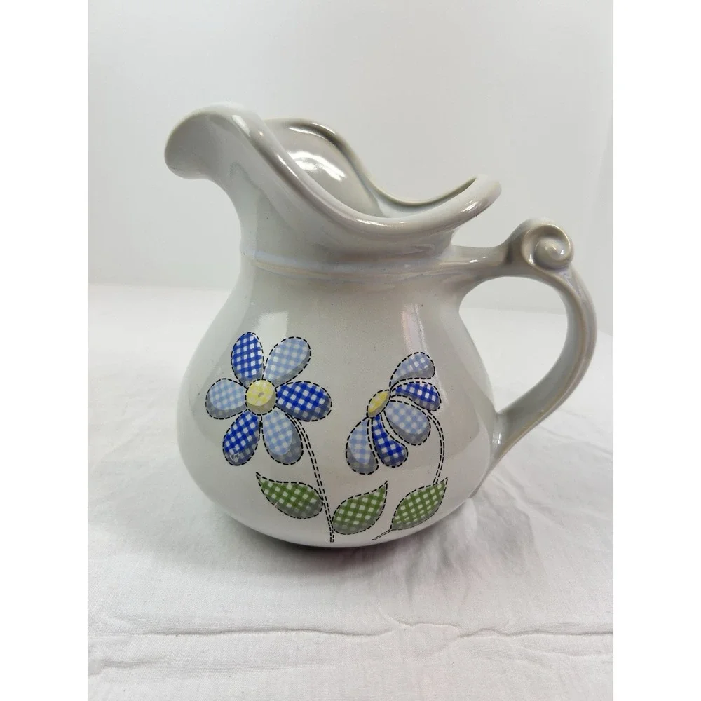 Vintage MCCOY Pottery whimsical blue white checked gingham floral small pitcher